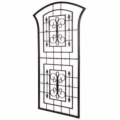 H Potter Kingsley black iron garden trellis angled view showing decorative scrollwork