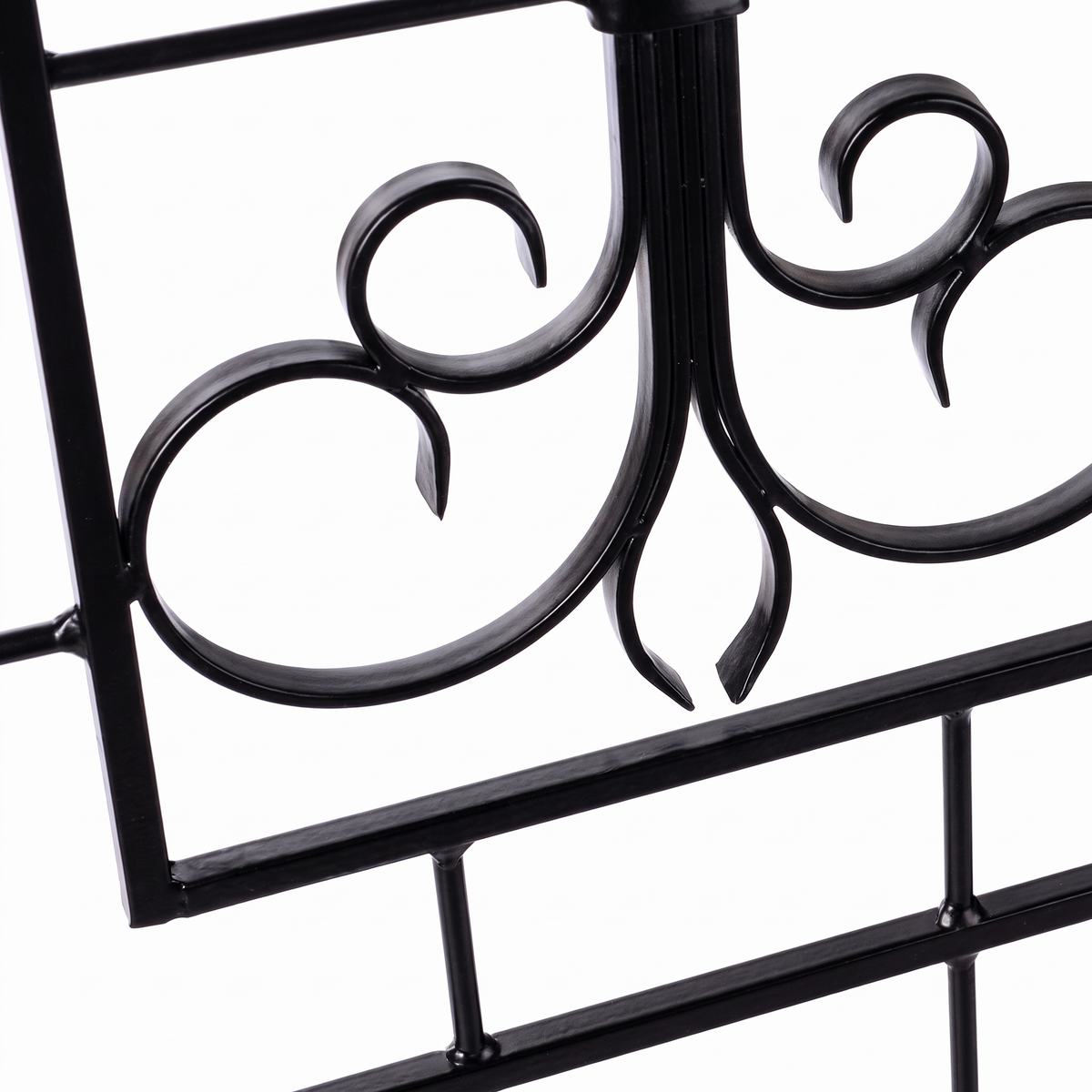 Close-up of H Potter Kingsley black garden trellis decorative iron scrollwork