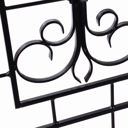Close-up of H Potter Kingsley black garden trellis decorative iron scrollwork