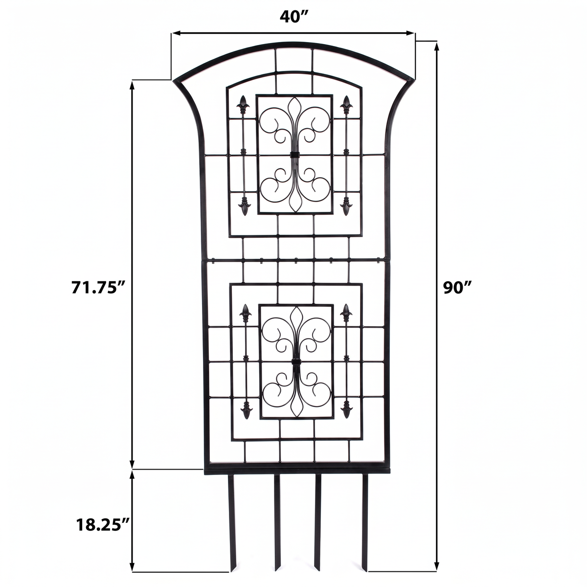 H Potter Kingsley black garden trellis dimensions showing 90-inch overall height and 40-inch width