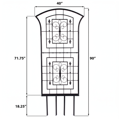 H Potter Kingsley black garden trellis dimensions showing 90-inch overall height and 40-inch width