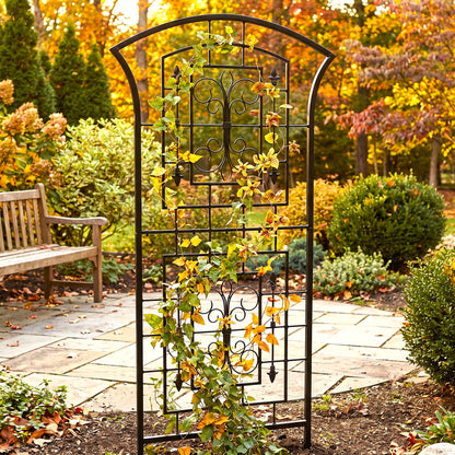 H Potter black decorative garden trellis supporting climbing vines in a colorful autumn garden