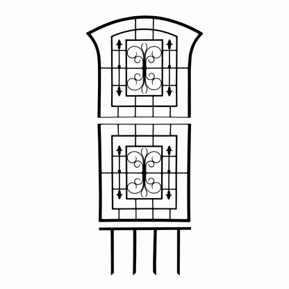 H Potter Kingsley black iron garden trellis design with decorative scrollwork and ground spikes