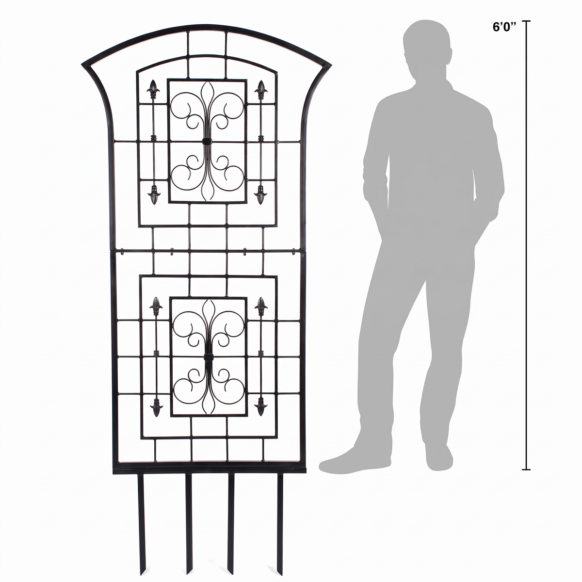 H Potter Kingsley black garden trellis shown beside six-foot person for scale