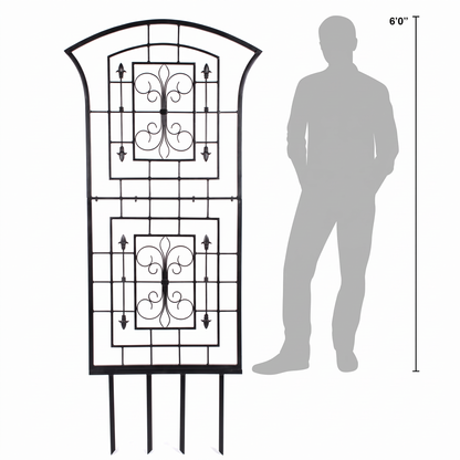 H Potter Kingsley black garden trellis shown beside six-foot person for scale