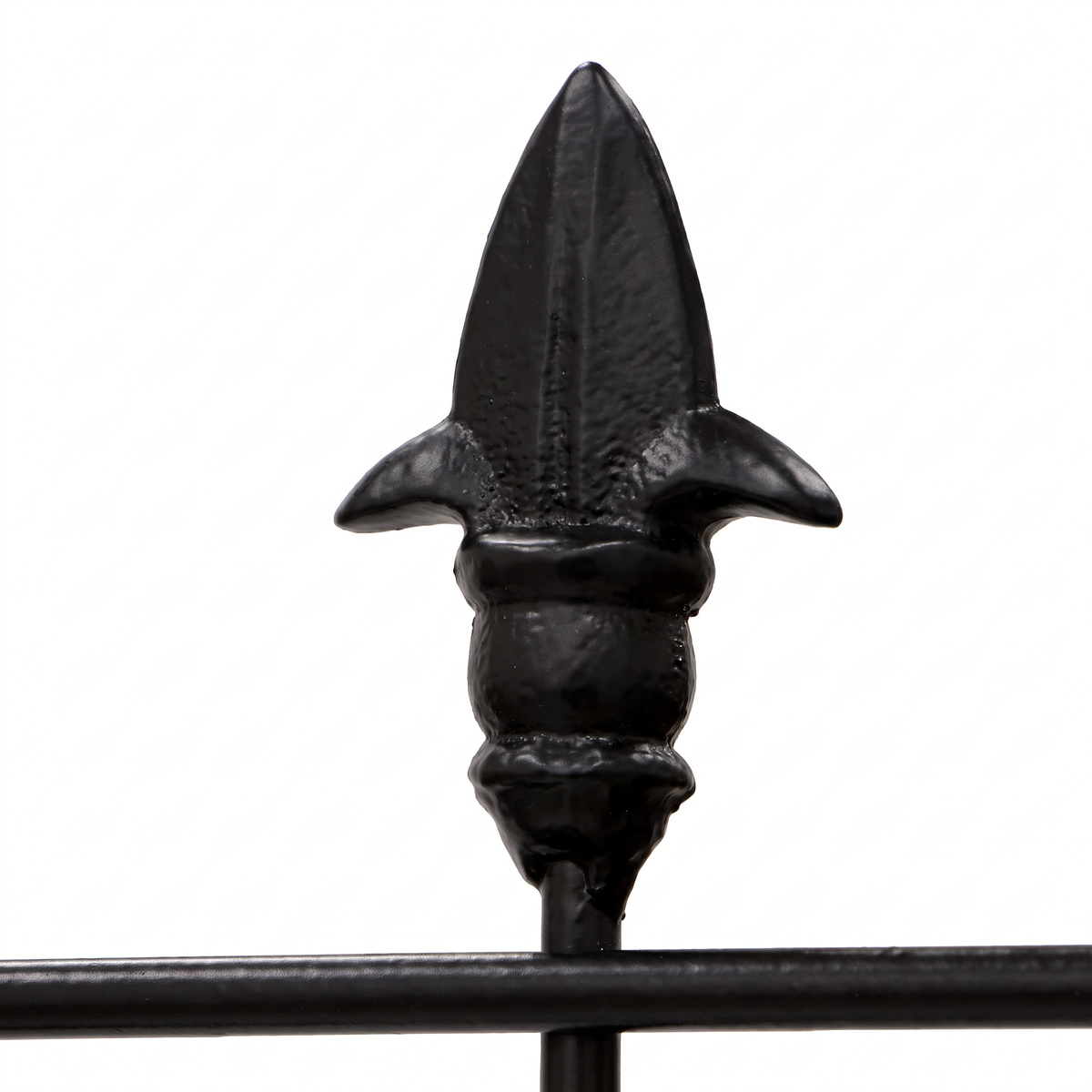 Close-up of H Potter Kingsley black garden trellis decorative iron finial detail