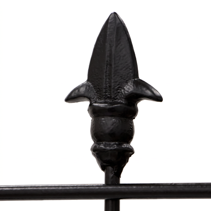 Close-up of H Potter Kingsley black garden trellis decorative iron finial detail