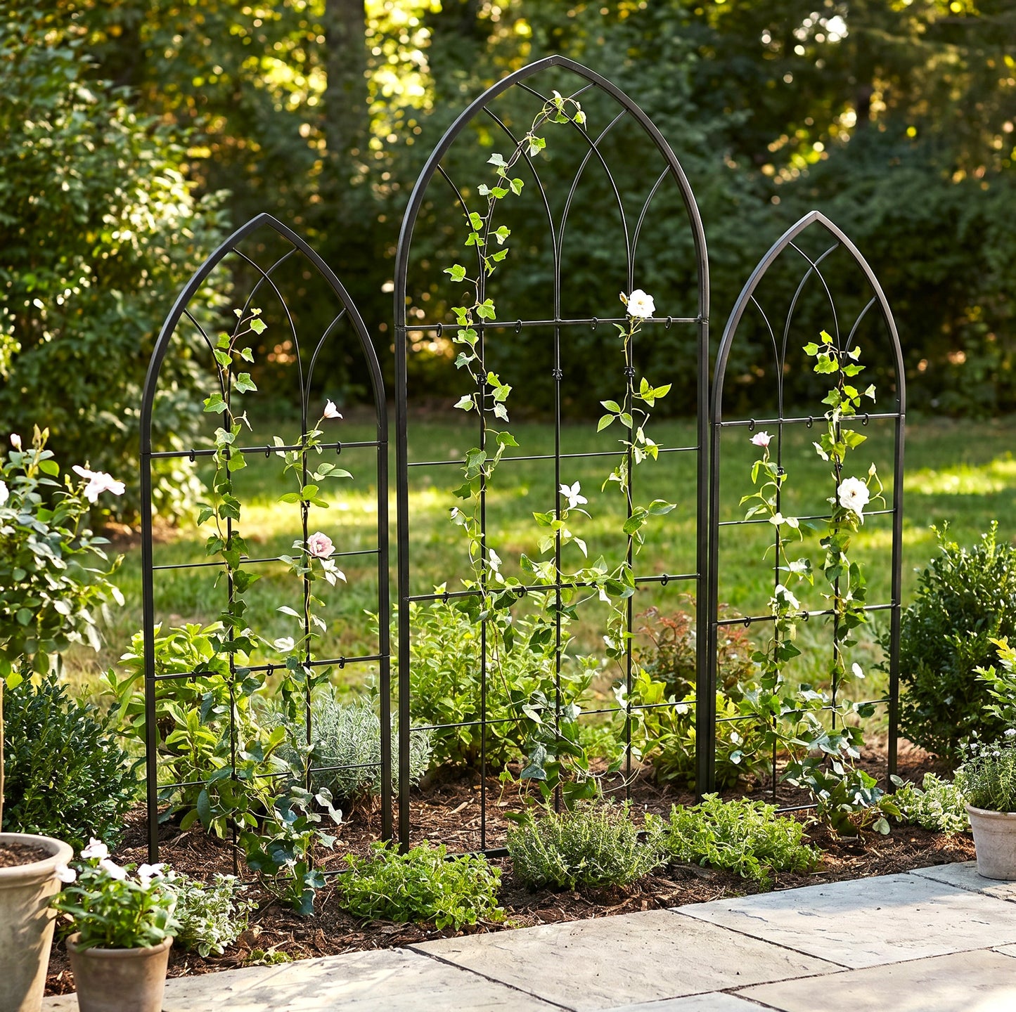H Potter set of 3 black metal garden trellises with climbing plants
