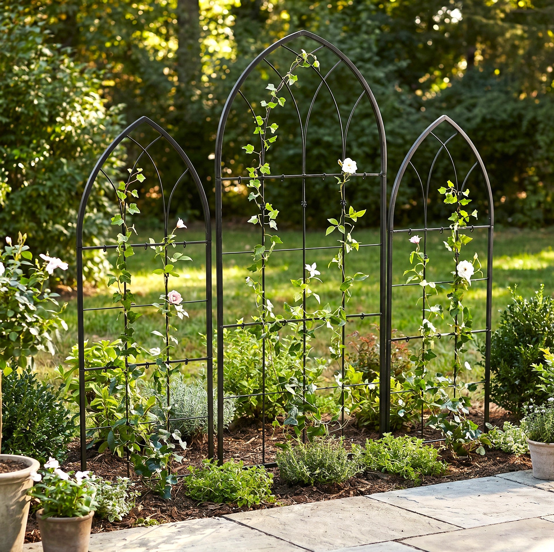 H Potter set of 3 black metal garden trellises with climbing plants