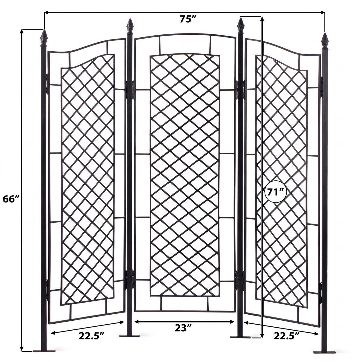 H Potter Augusta black garden trellis screen dimensions showing 75-inch width and 71-inch center height