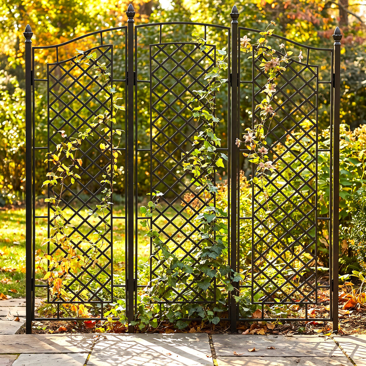 H Potter Augusta black three-panel garden trellis screen with decorative lattice panels and finial posts in autumn garden