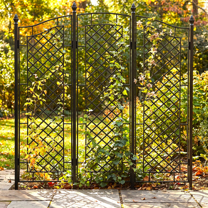 H Potter Augusta black three-panel garden trellis screen with decorative lattice panels and finial posts in autumn garden