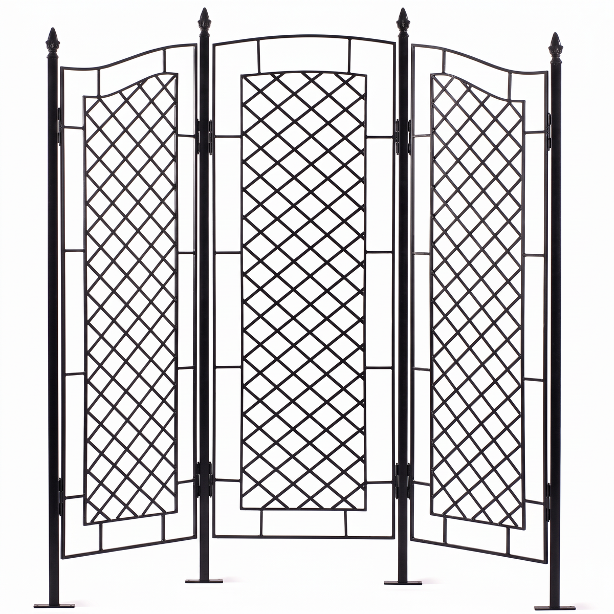H Potter Augusta black three-panel garden trellis screen with decorative lattice panels and finial posts
