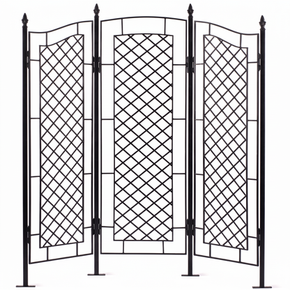 H Potter Augusta black three-panel garden trellis screen with decorative lattice panels and finial posts