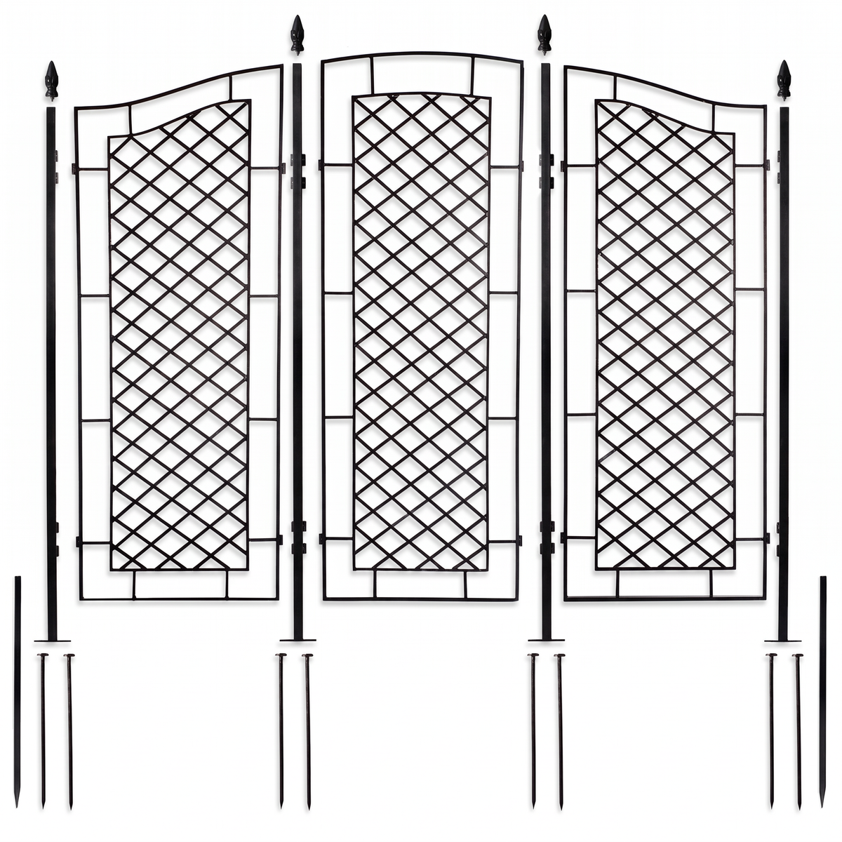H Potter Augusta black garden trellis screen with three lattice panels, posts, finials and ground stakes