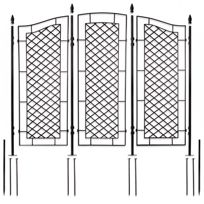 H Potter Augusta black garden trellis screen with three lattice panels, posts, finials and ground stakes