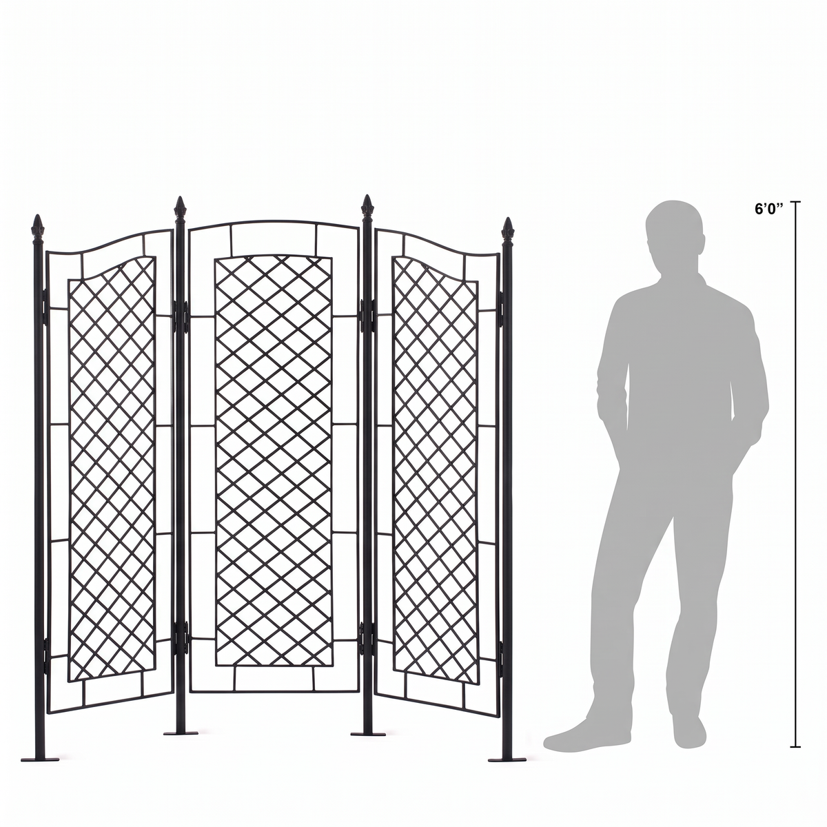 H Potter Augusta black three-panel garden trellis screen with gray man