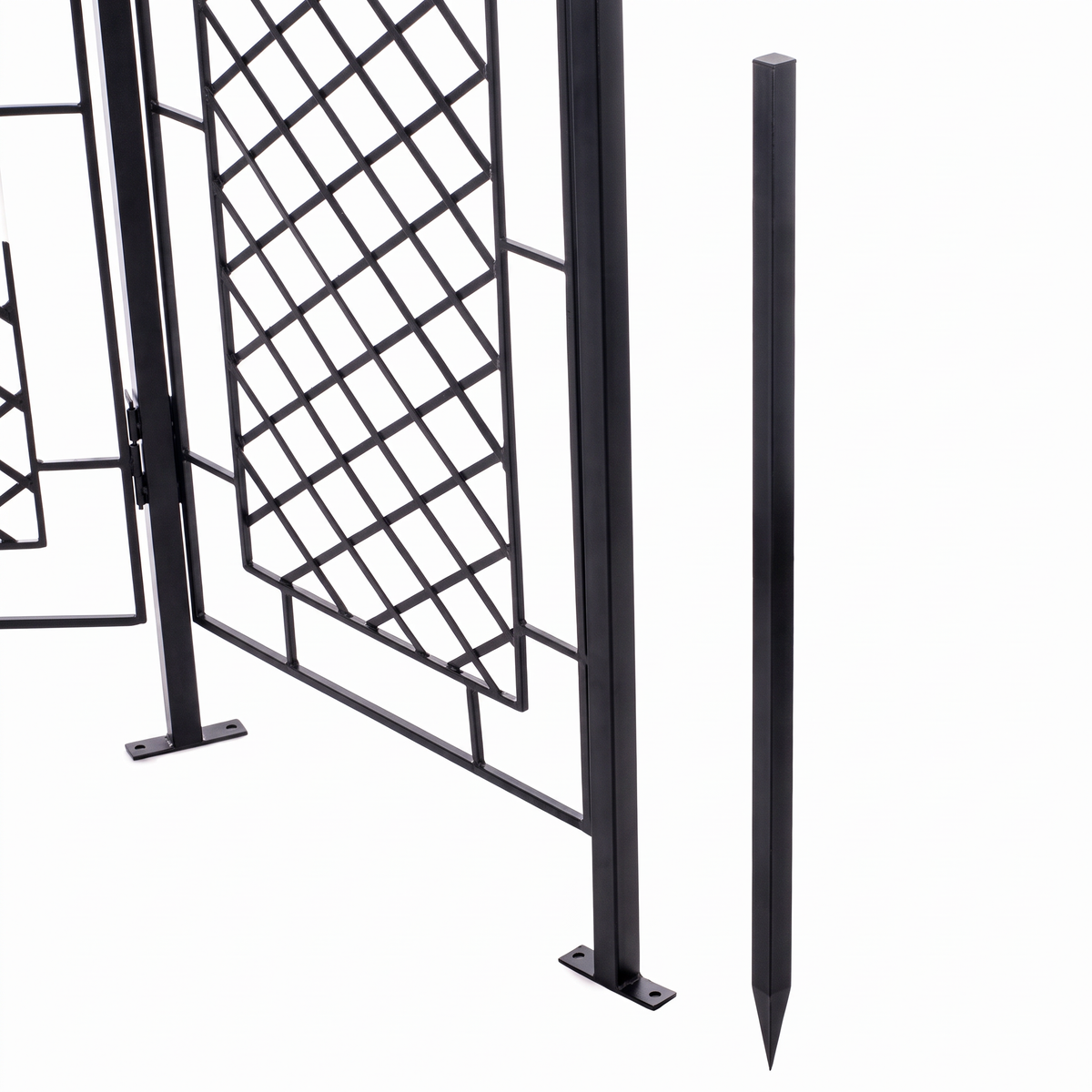 H Potter Augusta black garden trellis screen showing freestanding base and pointed stabilizing ground stake