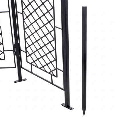 H Potter Augusta black garden trellis screen showing freestanding base and pointed stabilizing ground stake