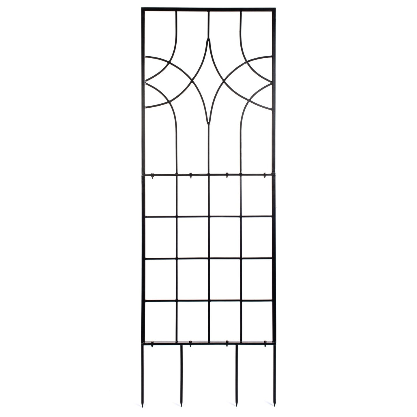 Front studio view of H Potter geometric trellis with ground spikes, black powder-coated iron