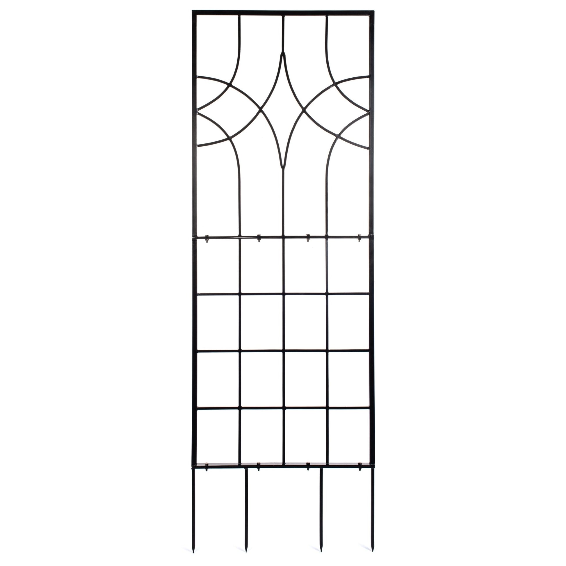 Front studio view of H Potter geometric trellis with ground spikes, black powder-coated iron