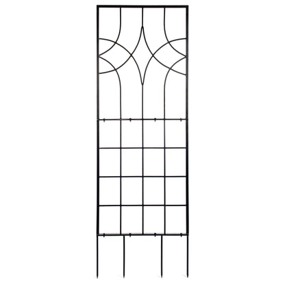 Front studio view of H Potter geometric trellis with ground spikes, black powder-coated iron