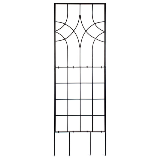 Front studio view of H Potter geometric trellis with ground spikes, black powder-coated iron