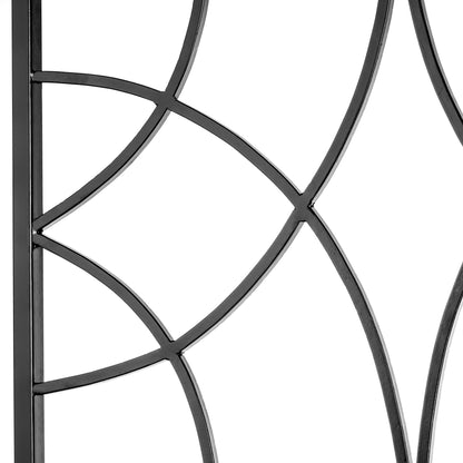 Close-up of intersecting curves and welds on H Potter geometric trellis, smooth black finish