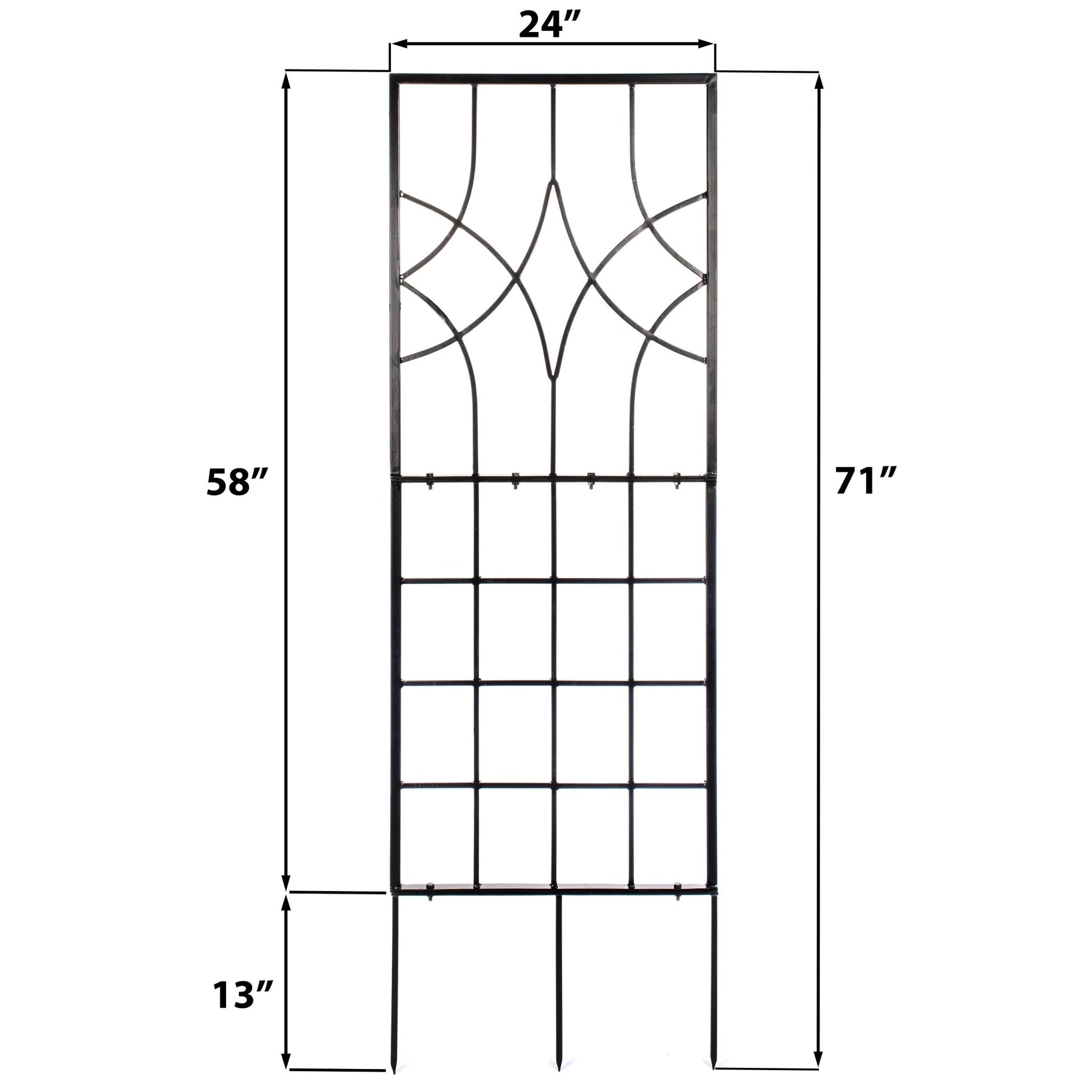 Dimensions of a metal garden trellis with decorative glass panels.