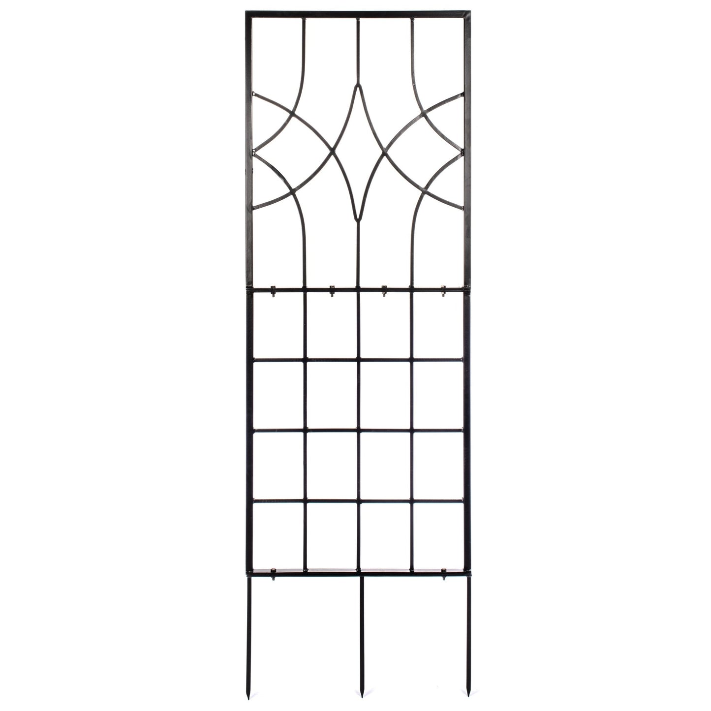 Black metal garden trellis with decorative top section on a white background