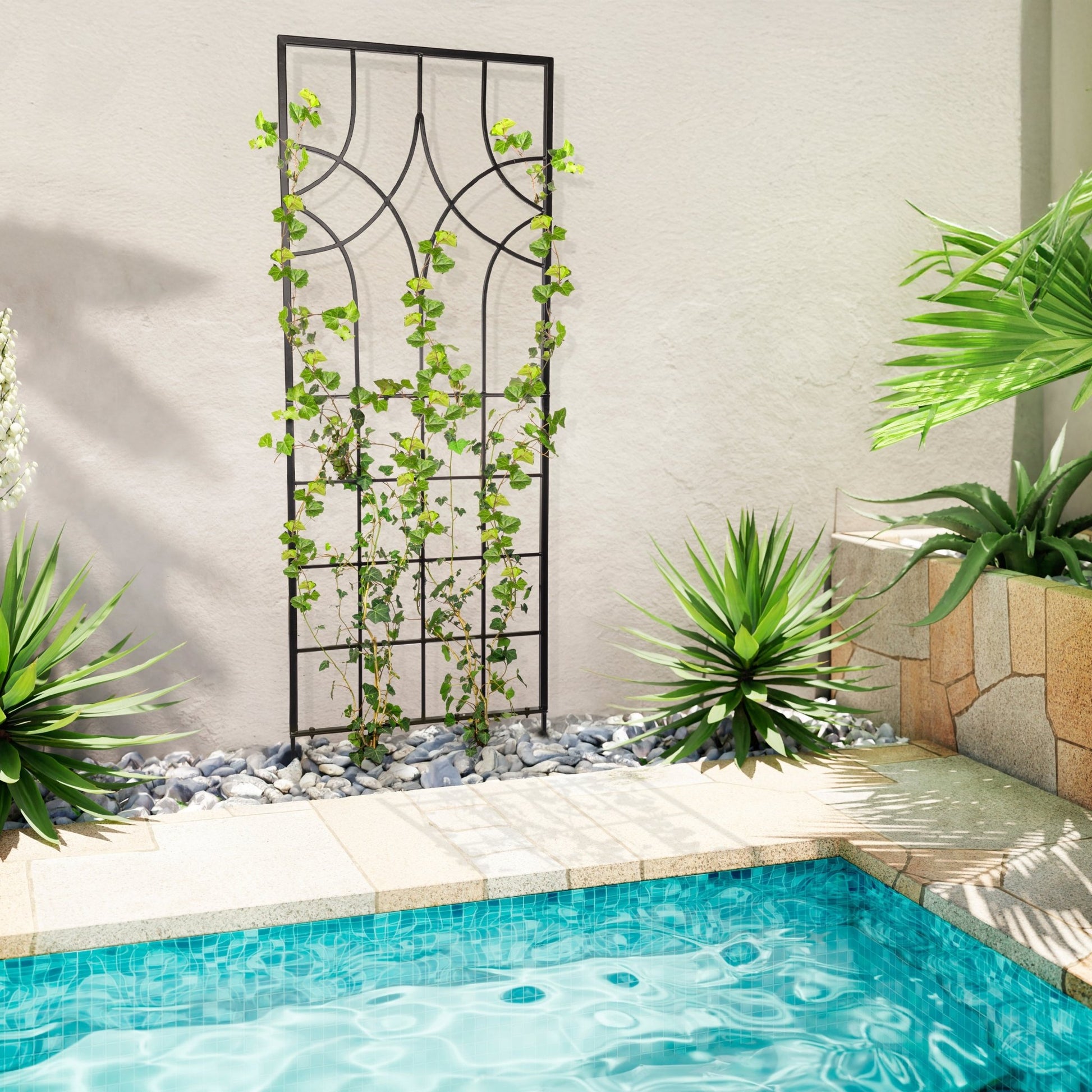 H Potter large geometric wrought iron garden trellis, black powder coat, poolside hero with climbing ivy