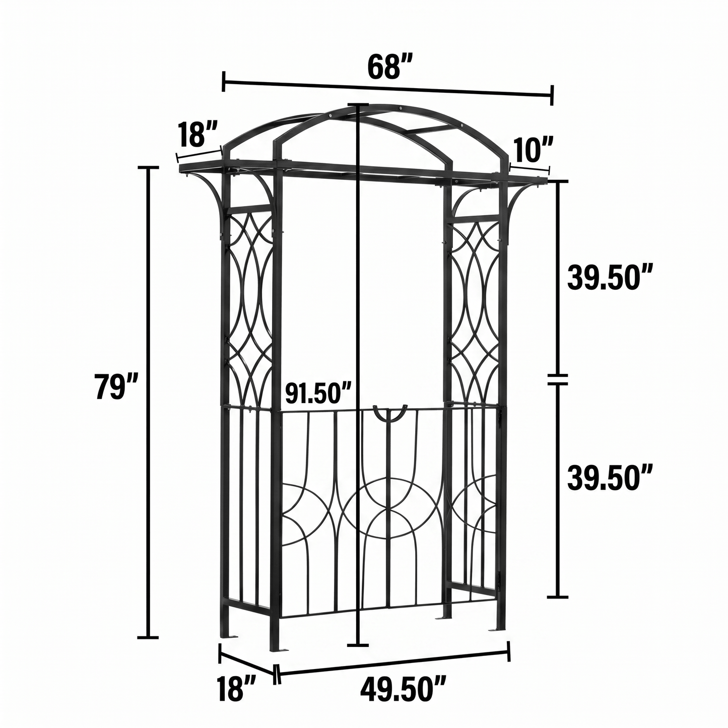 Dimensions of H Poter metal archway with measurements labeled.