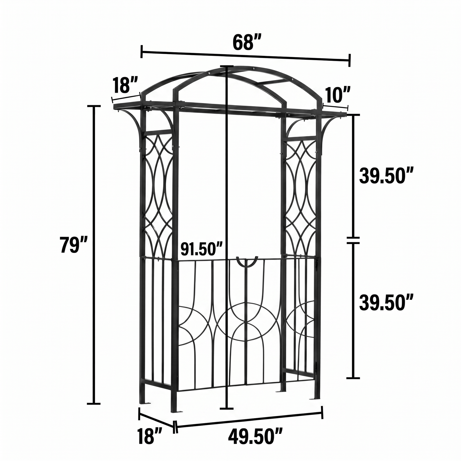 Dimensions of H Poter metal archway with measurements labeled.
