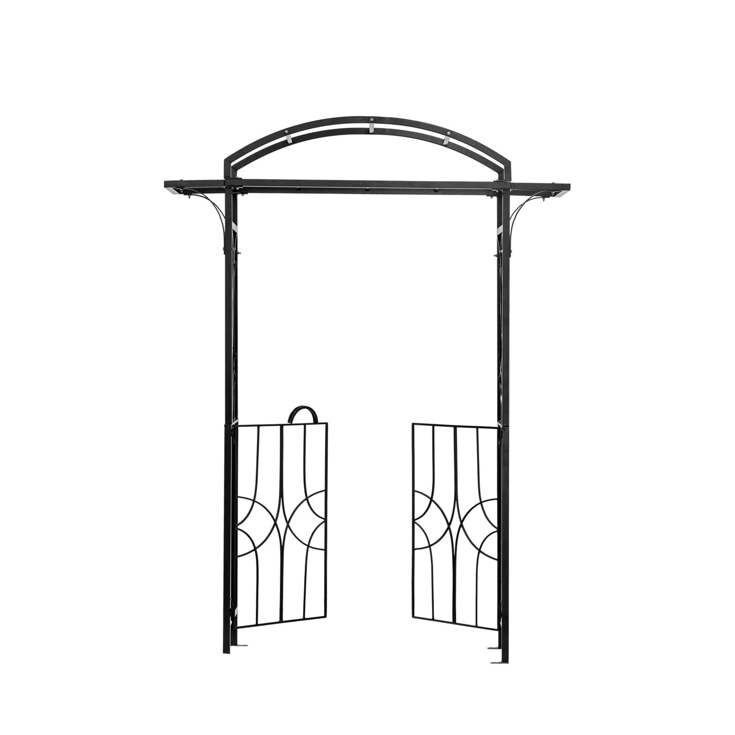Front view of H Potter black metal garden arch with decorative gates on a white background