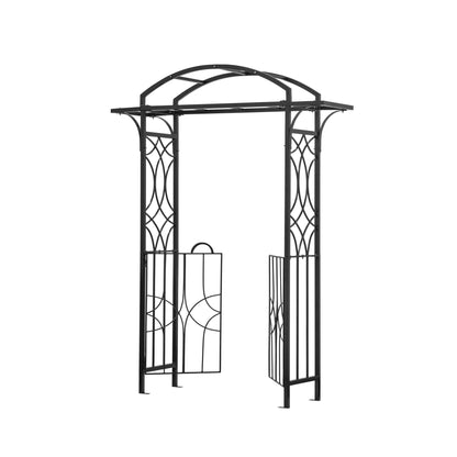 H Potter black metal garden arch with gate decorative patterns on a white background