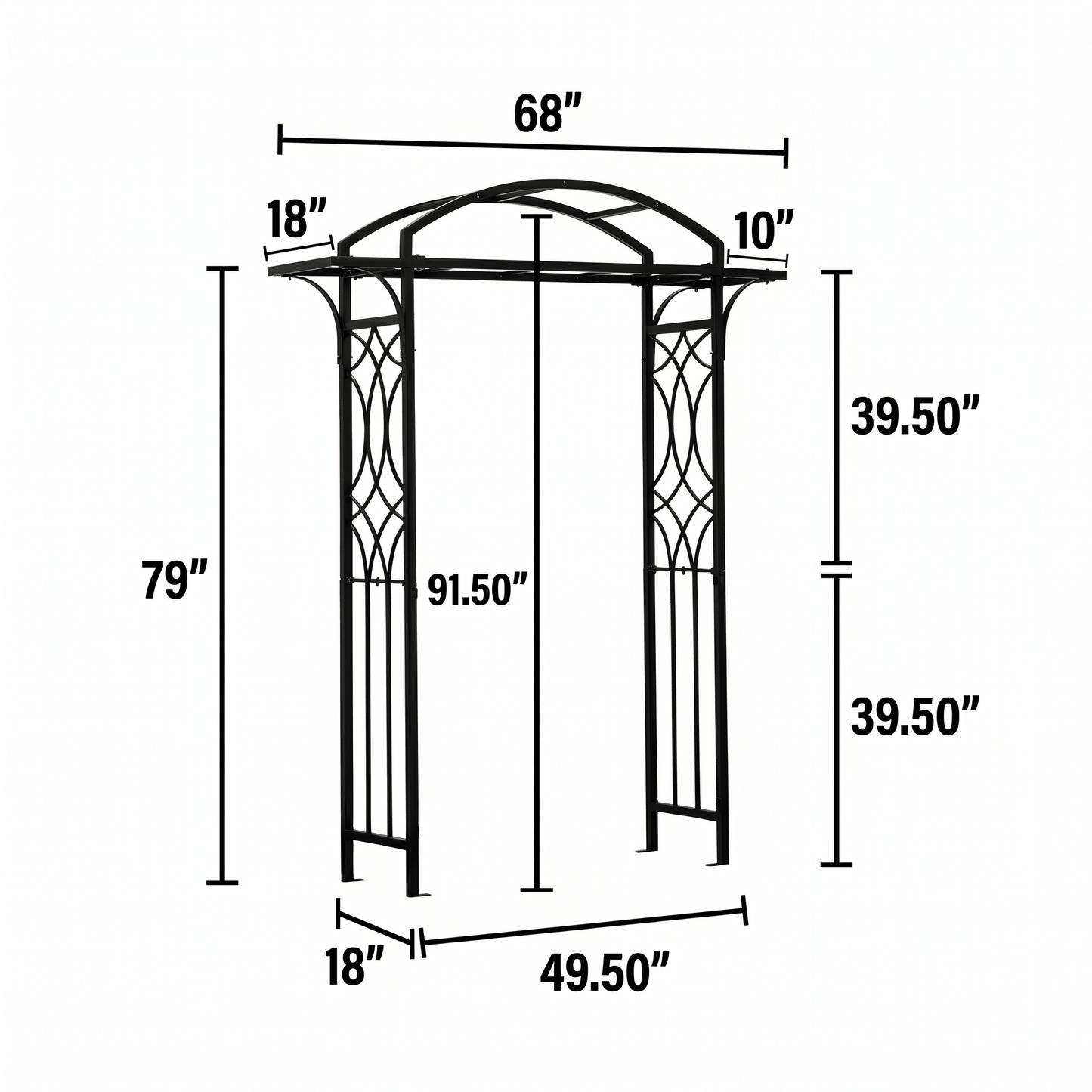 Measurement chart of H Potter decorative metal arch with dimensions labeled.