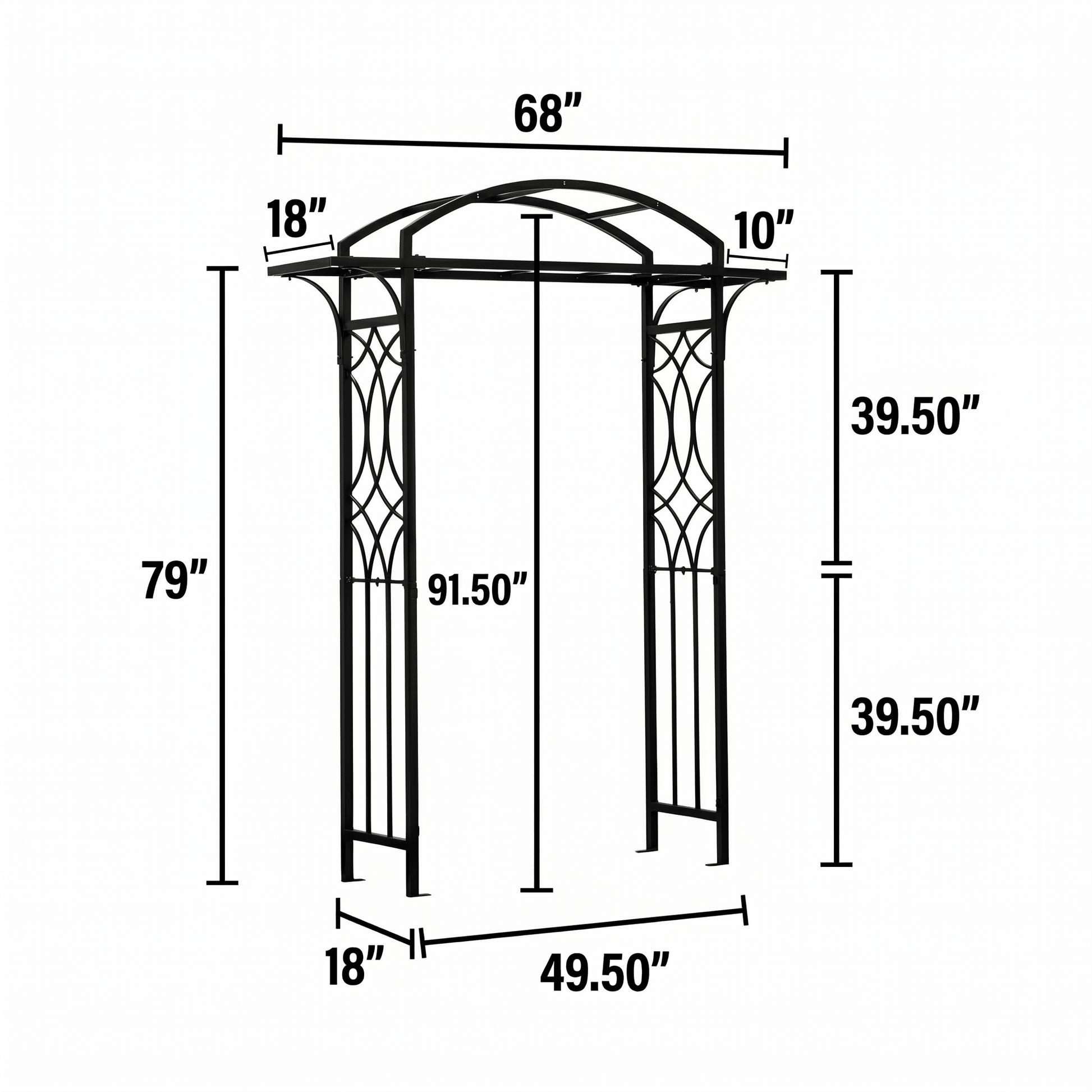 Measurement chart of H Potter decorative metal arch with dimensions labeled.