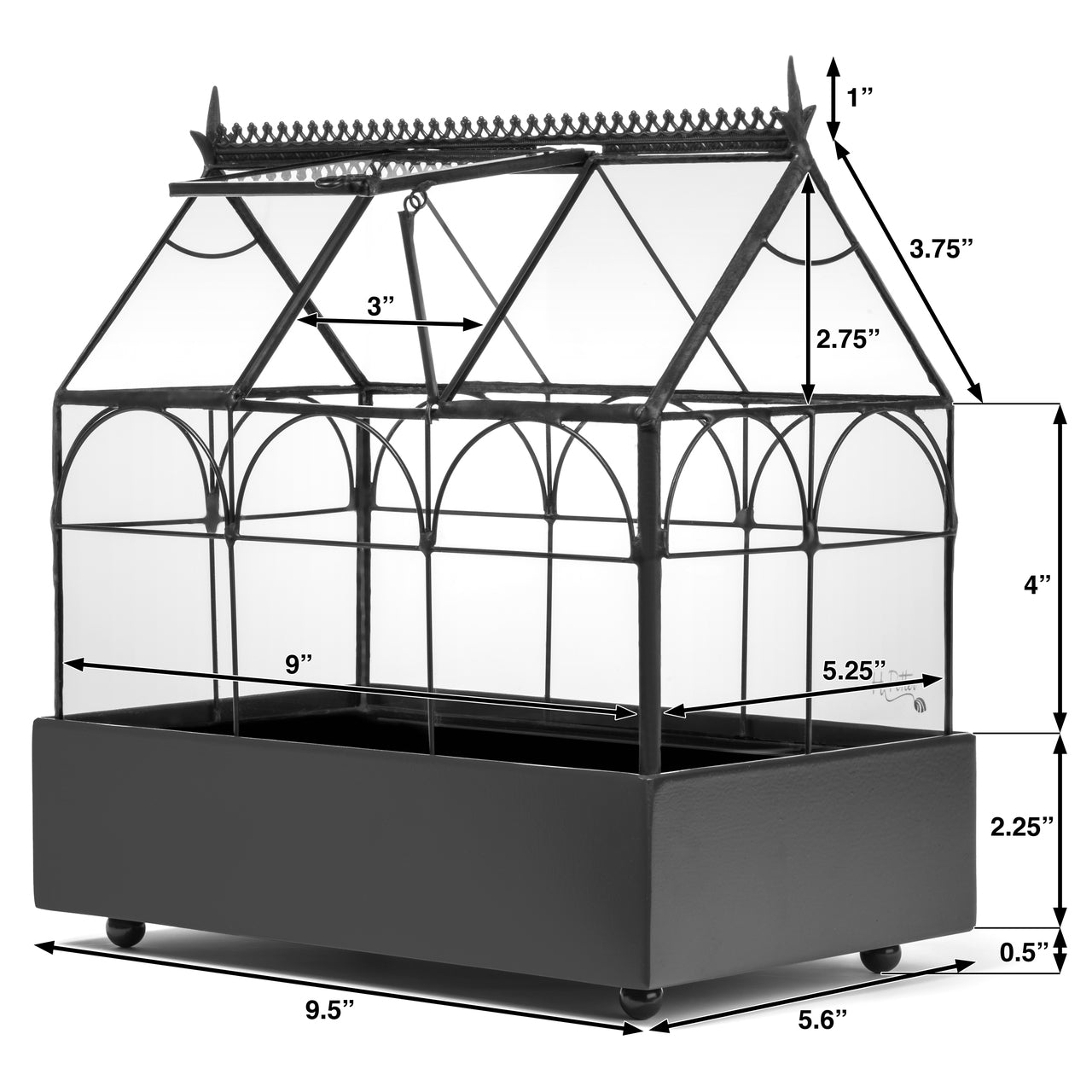 H Potter glass terrarium wardian case dimensions showing metal tray and labeled measurements for indoor plants