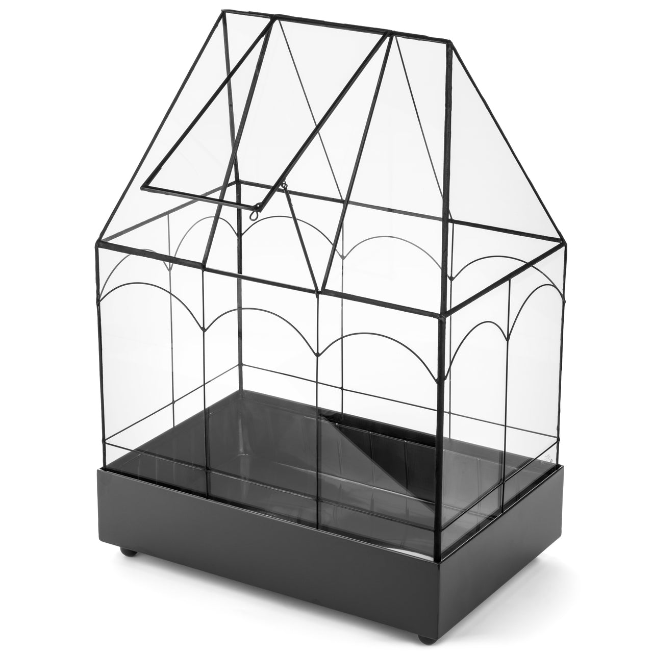 H Potter glass terrarium Wardian case with metal base shown as a standalone product image for indoor plants and miniature garden displays.
