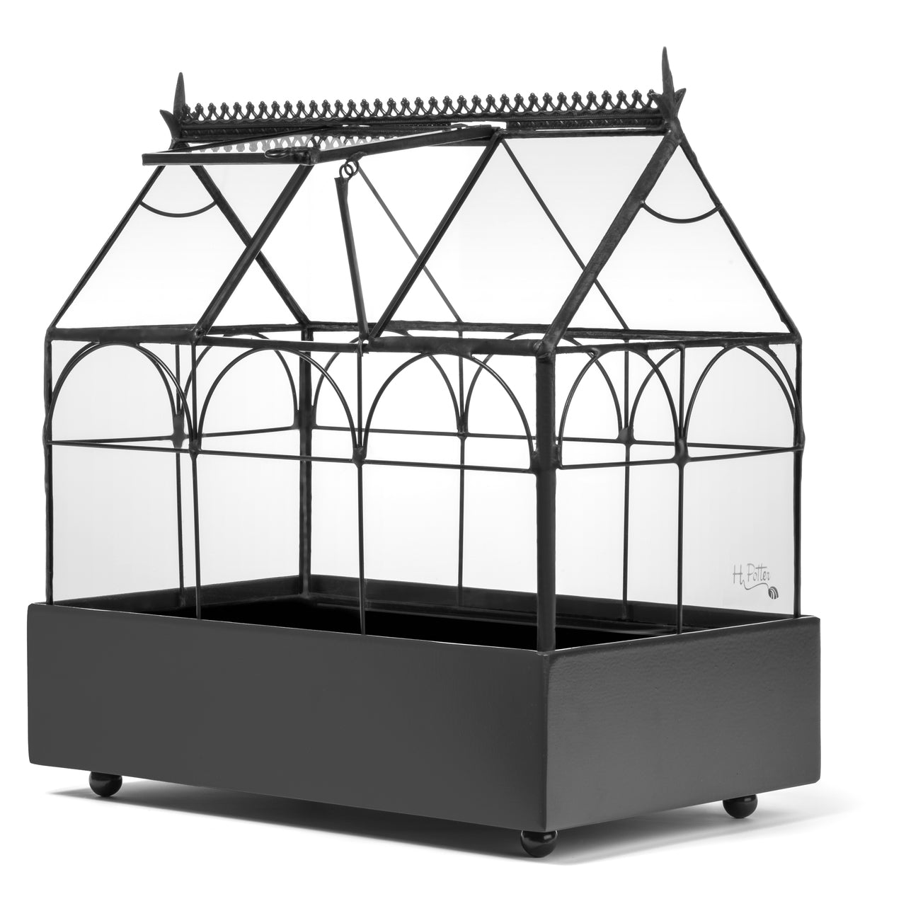 H Potter glass terrarium wardian case with metal tray for indoor plants, handcrafted with clear panels
