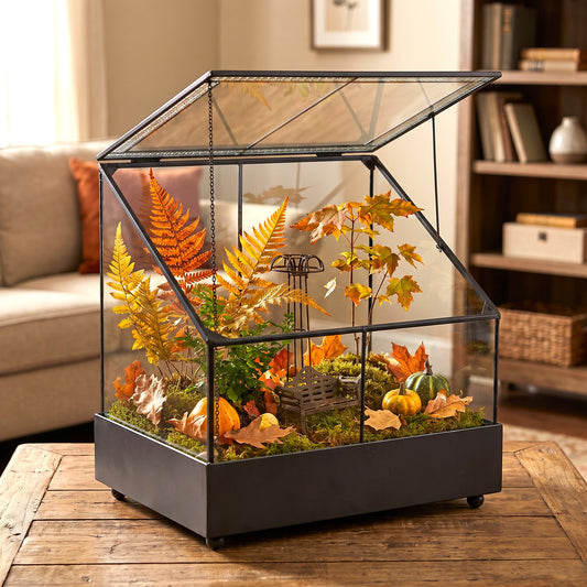 H Potter brand glass house style terrarium, filled with autumn foliage, faux moss, small pumpkins, displayed on a wooden table in a cozy living room setting.