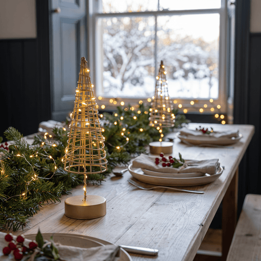 h potter woven wire Christmas tree lights with warm glowing bulbs on wooden bases, decorated with green garlands, white plates, and red berries in front of a snowy window.