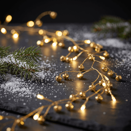 h potter Warm white string lights with small gold bells and pine branches dusted with snow, arranged on a dark slate surface.