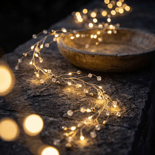 H Potter warm white fairy string lights with clear crystal beads draped over a rustic dark stone surface next to a wooden bowl, with soft bokeh lights in the background.