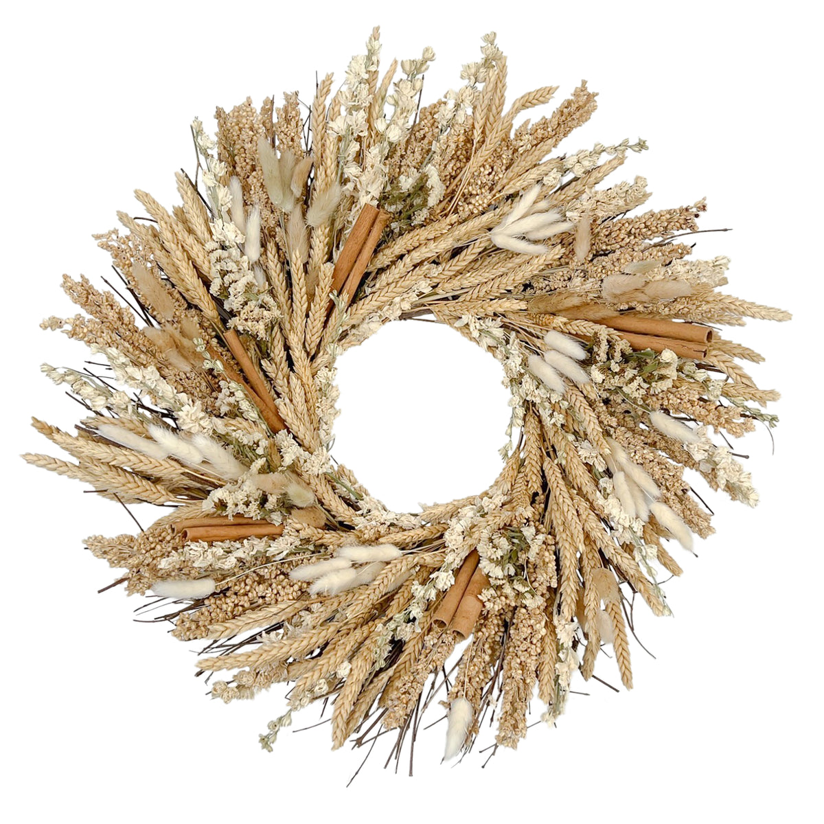 h potter brand dried floral wreath made from wheat stalks, small white flowers, cinnamon sticks, and natural twigs, shown on a plain white background.