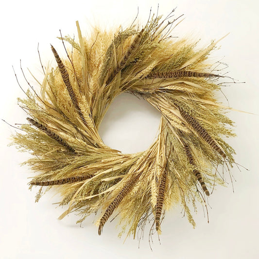 H Potter Golden prairie dried wreath on white
