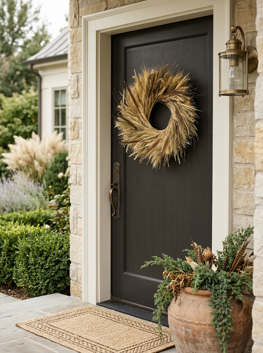 H Potter Golden prairie dried wreath on brown front entryway door