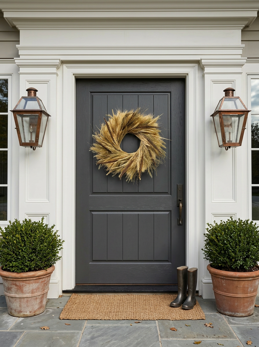 H Potter Golden prairie dried wreath on gray front door
