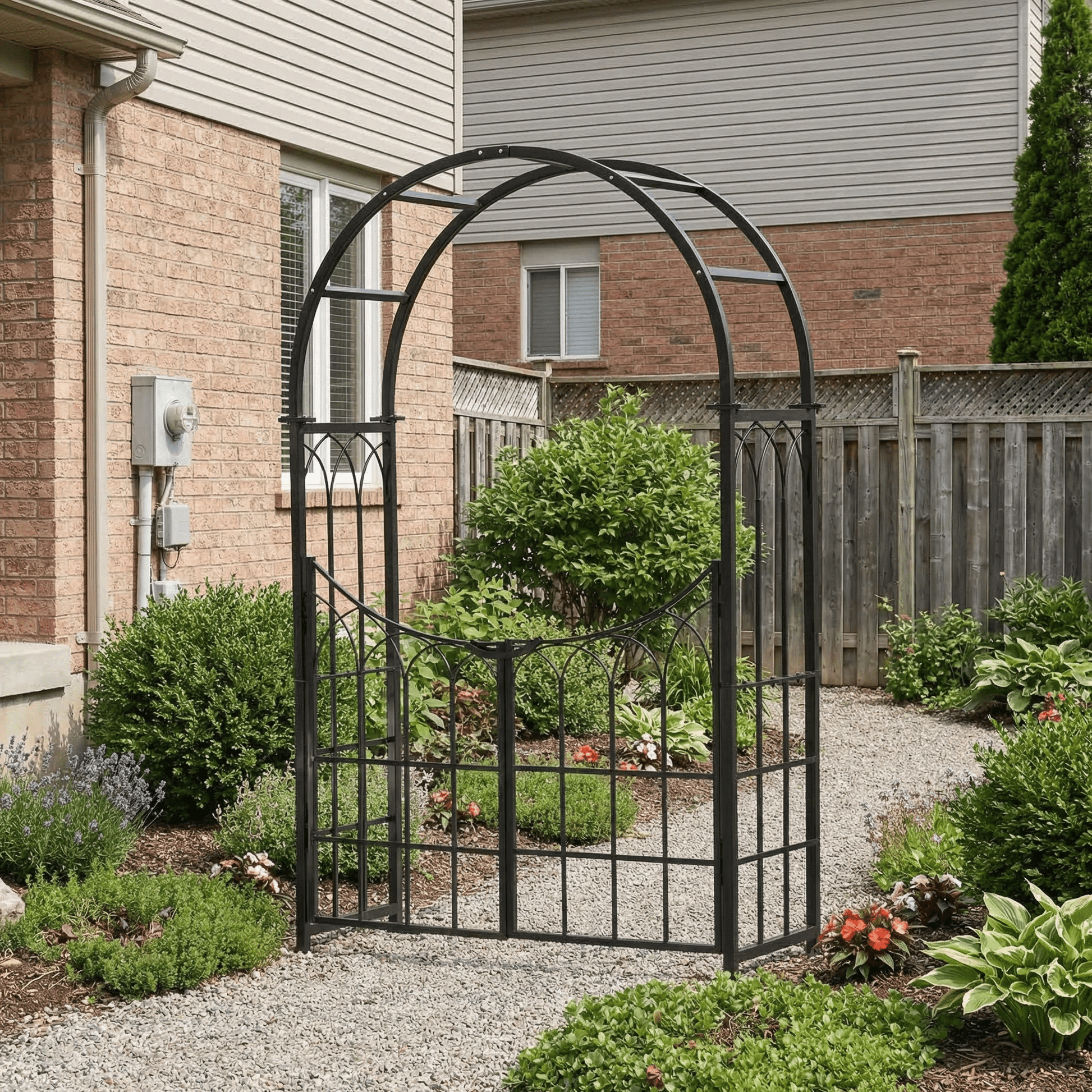 H Potter black metal garden archway with gate in a residential garden setting on stone pathway