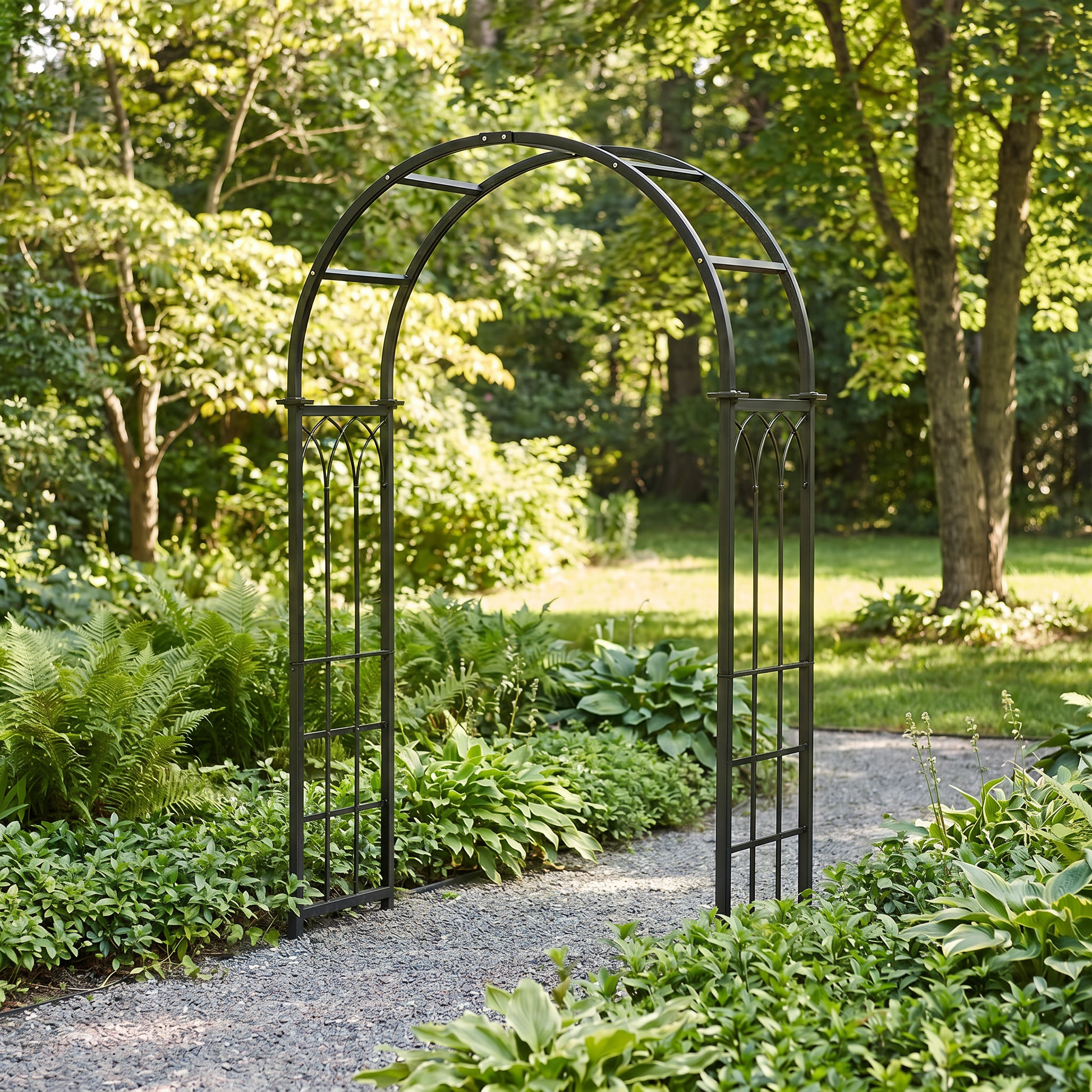 H Potter metal garden archway in a lush green garden setting